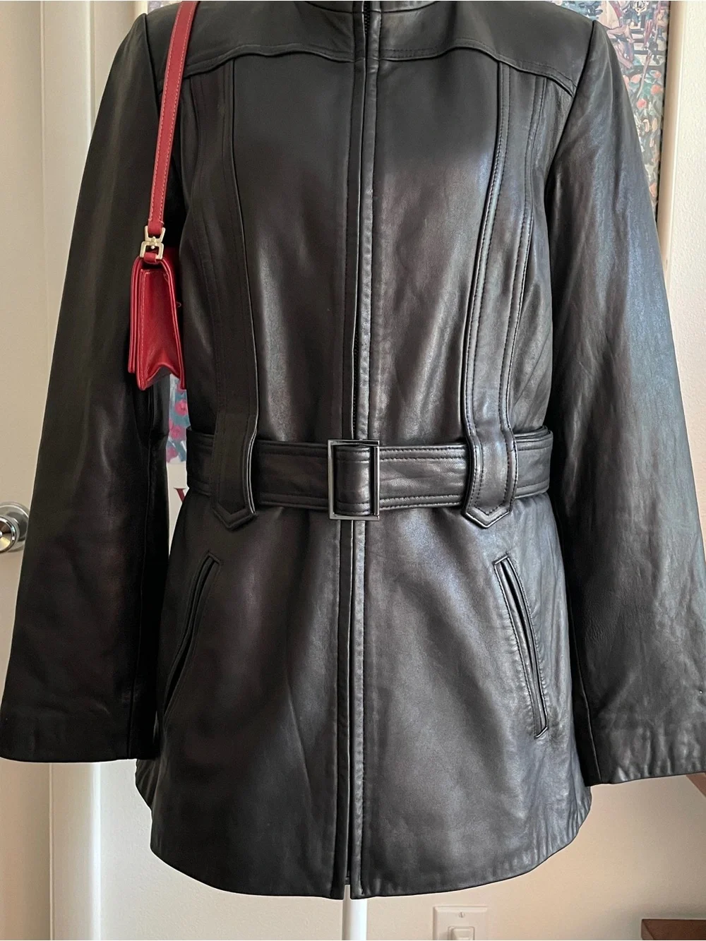 VTG Y2K Genuine Leather Jacket Womens Medium Black Belted Moto Biker Mock Neck